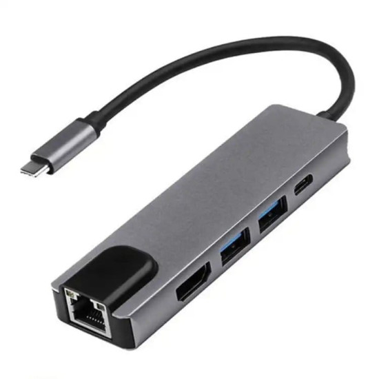 Adaptateur Type-c Vers HDMI 4K / RJ45 Gigabit / USB 3.0 – Hub Type-C 5 en 1 Multiport